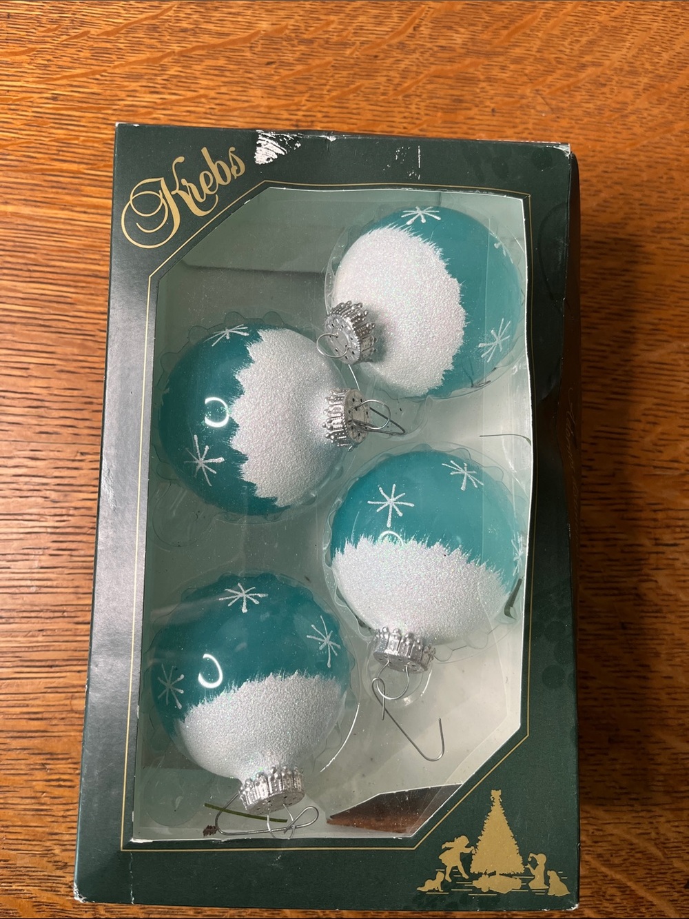 Krebs Glass Christmas Ornaments Set of 4 Teal Aqua White Frosted Snowflake